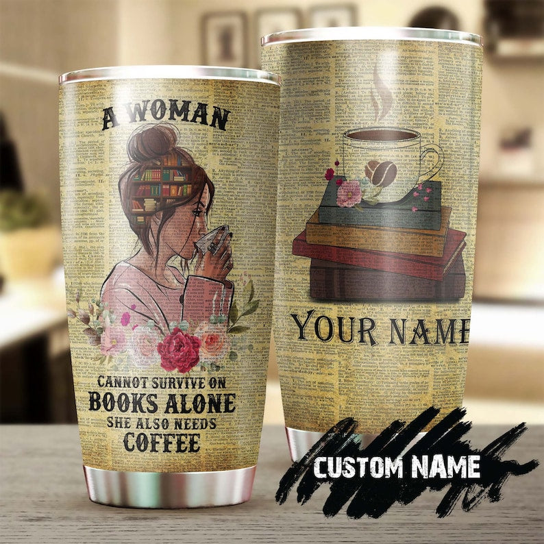 Woman Book Coffee Vintage Personalized Tumbler -Reading Tumbler -Book Lover Gift -Bookaholic Tumbler -Bookworm Gift - Gift For Her