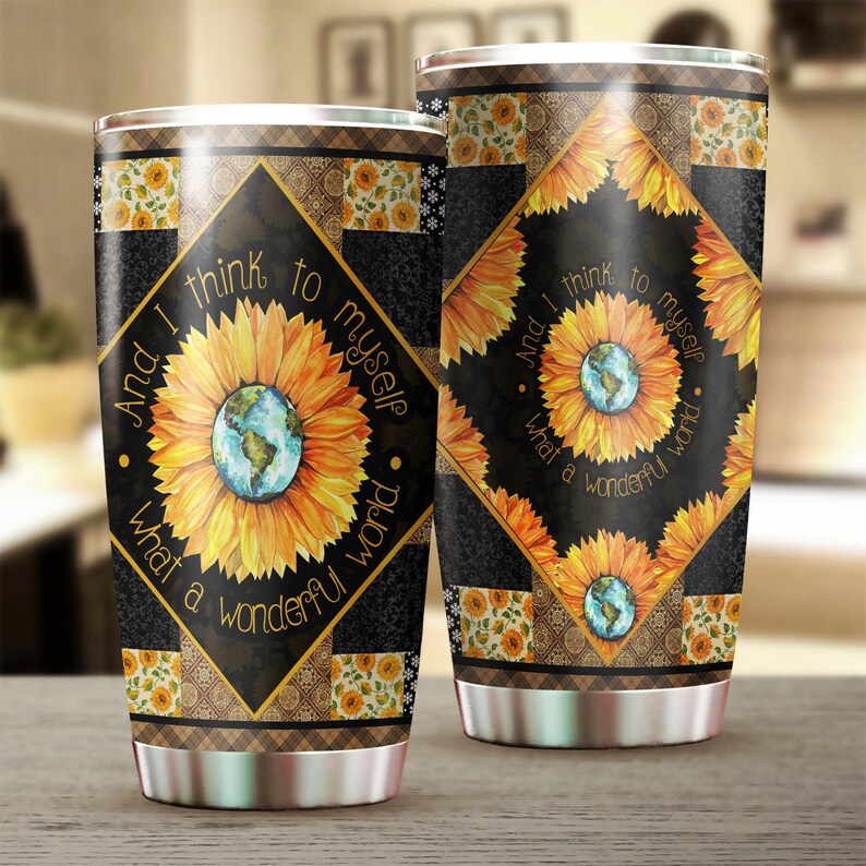 What A Wonderful World Sunflower Stainless Steel Tumbler -Sunflower Tumbler -Gift For Sunflower Lover -Sunflower Present-Gift For Her