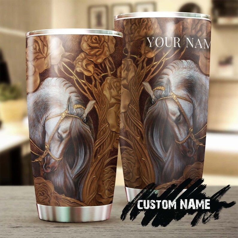 White Royal Horse Sorrow Woody Bronze Rose Style Personalized Tumbler-Gift For Horse Lover Horse Rider-Gift For Her Gift For Him