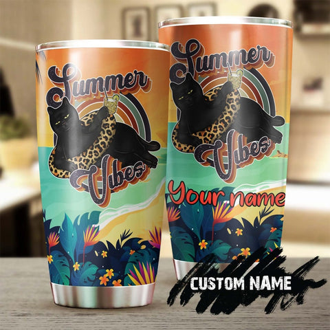 Summer Vibes Funny Black Cat Relaxing Personalized Tumbler-Fancy Cat Tumbler- A Gift For Cat Mom Cat Dad- A Gift For Cat Lover-Cat Day Gift