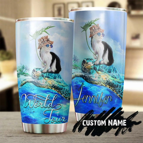 Cat And Turtle World Tour Personalized Tumbler-Cat Tumbler- Gift For Cat Mom Cat Dad- Gift For Cat Lover-Cat Day Gift-Turtle Lover Gift