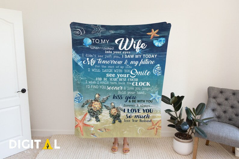 To My Wife Blanket, Kiss You & Be With You Blanket, Best Gift For Wife, Family Gift, Blanket Gift From Husband, Couple Turtle Blanket