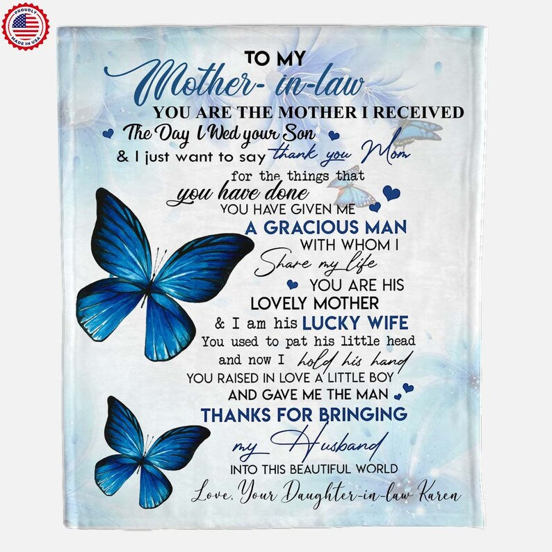 Blue Butterfly Mother-In-Law Blanket ,Mother's Day Personalized Gift For Mom Mum From Your Kid Daughter Son, Letter Blanket from Daughter/Son In Law