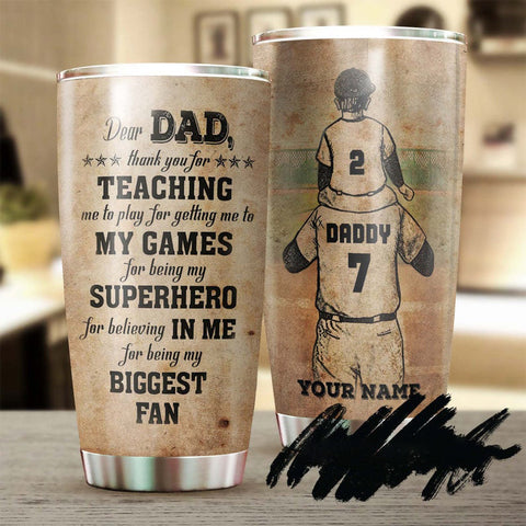 Baseball Dad And Son Thank You For Teaching Me Play Personalized Tumbler-Birthday Christmas Gift Father'S Day Gift For Baseball Dad From Son