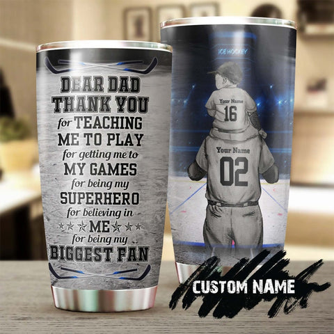 Ice Hockey With Your Daddy Biggest Fan Personalized Tumbler-Birthday Christmas Father'S Day Gift For Softball Dad From Ice Hockey Son