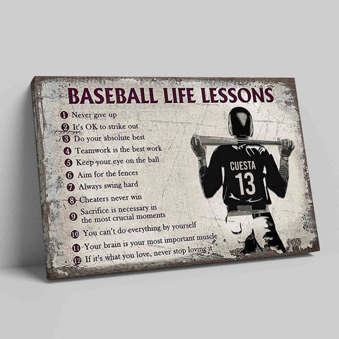 Baseball Life Lessons Canvas Wall Art, Valentine Birthday Gift For Men Boy Who Loves Baseball, Custom Name and Number Home Room Decoration